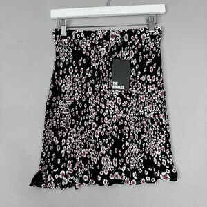 The Kooples Anthro Womens Skirt Medium Black Smocked Floral Ruffle Fitted Boho